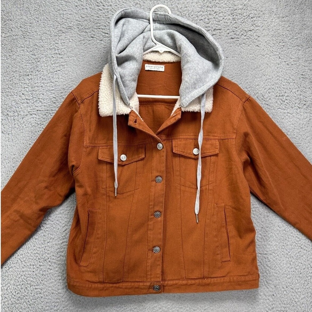 Paper Crane Jacket Womens‎ Medium Rust Brown Sherpa Collared Hooded Denim Coat - Picture 2 of 12